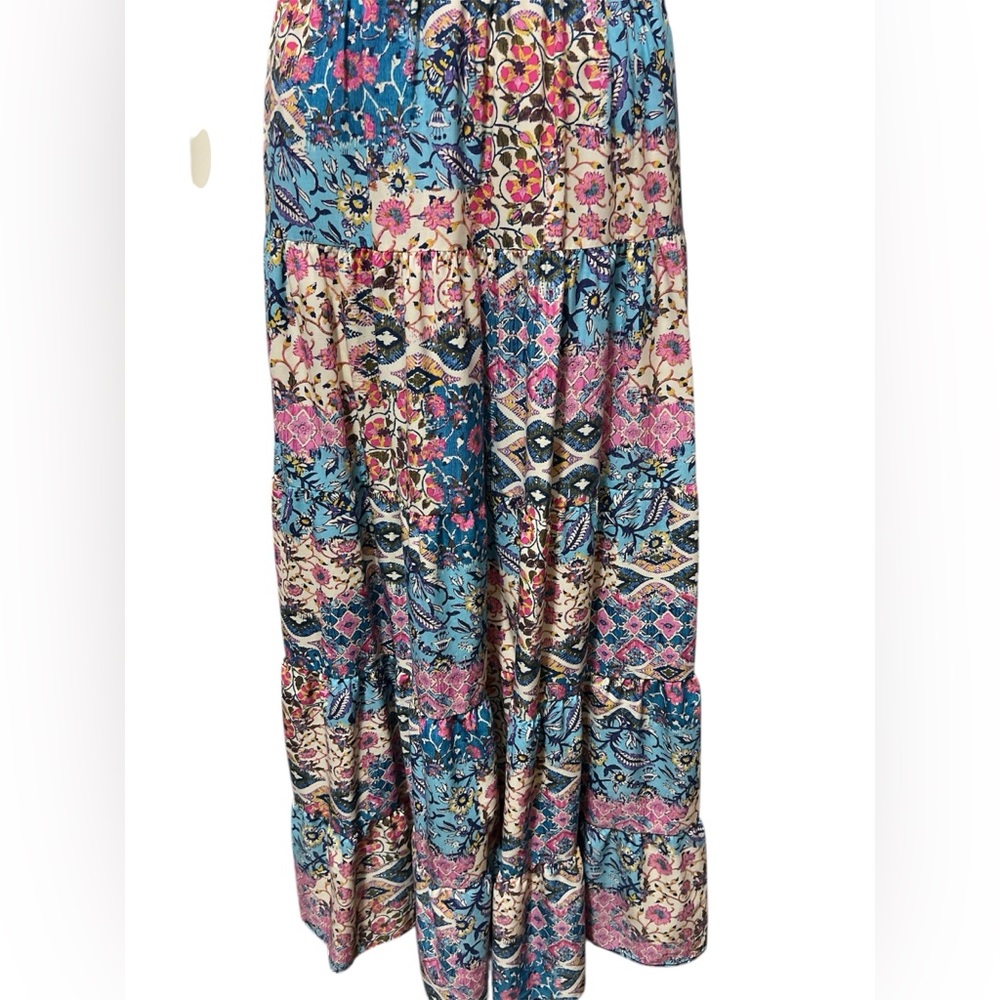 Eliza J 8 Sweetheart Tie Front Patchwork Print Crepe De Chine Maxi Dress Pockets - Picture 8 of 12